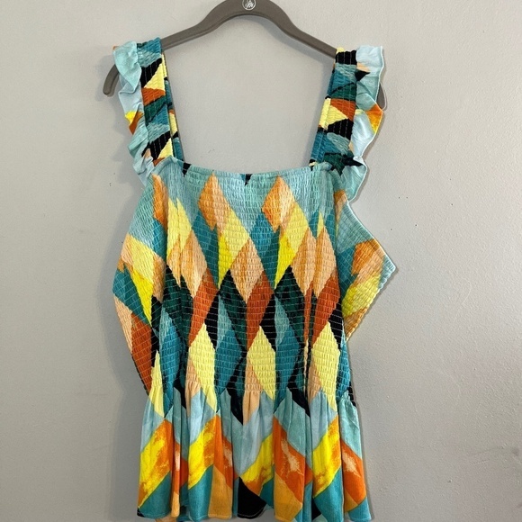 Torrid Top Women 4X Yellow Peplum Crinkle Gauze Smocked Ruffle Geometric Goth - Picture 5 of 15